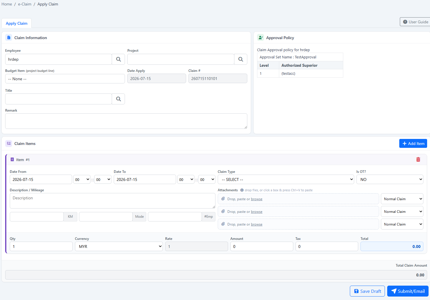 Claim Types, Employee Caps & Submission: Apply a claim